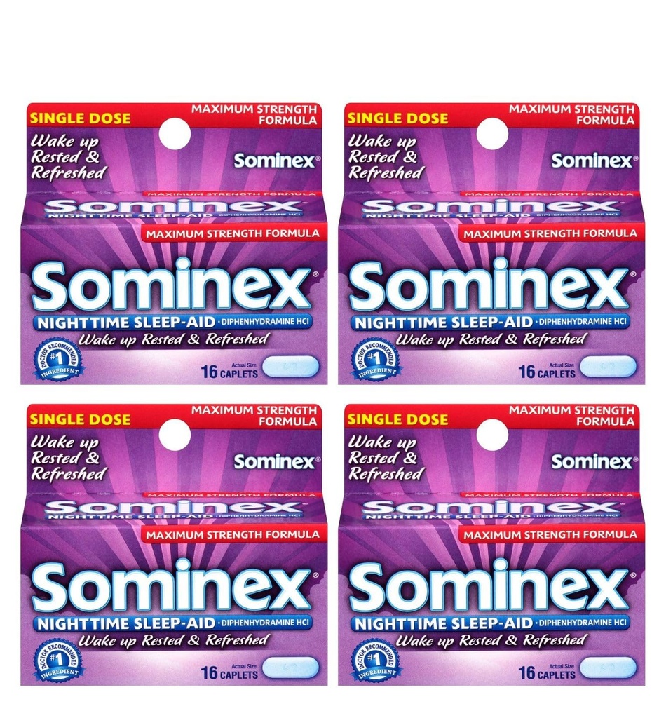 Sominex Nighttime Sleep-Aid Caplets, Forza massima, 16 ea (Pack of 4)