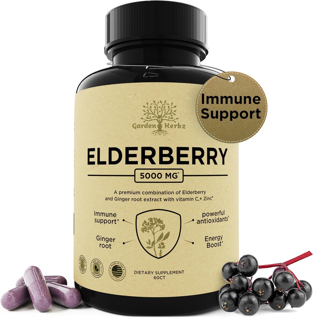 Elderberry con vitamina C, Zinco, & Ginger – Potente Booster Immune 5000 Mg Elderberry, Zinco, & Vitamina C – Vitamine Immunità non OGM per gli adulti per aiutarti a sentire vibrante, 60 Caps.