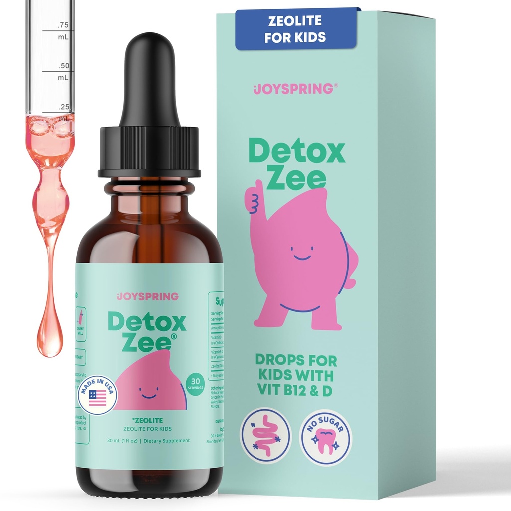 JoySpring DetoxZee Zeolite Gocce per Bambini – Clinoptilolite con Vitamina D3 e Cyanocobalamin Vitamina B12 – Liquido Natural Berry Flavor | 30 Serve