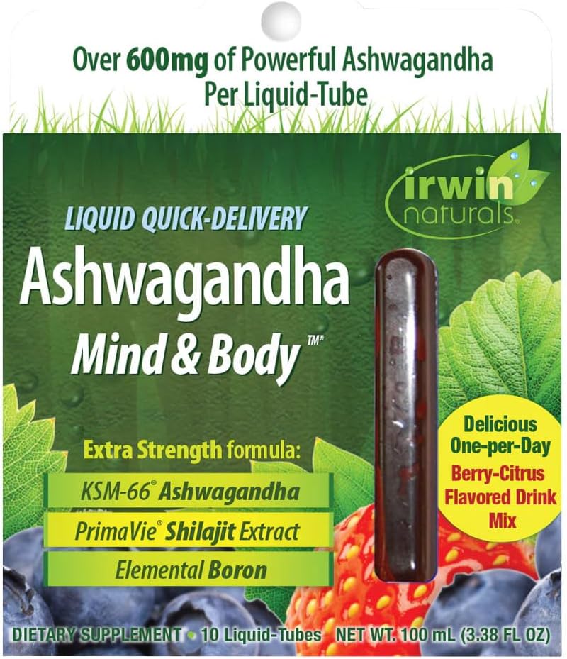 Irwin Naturals Liquid Quick-Delivery Ashwagandha Mind & Body - 10 Liquid-Tubes - Boosts Physical & Mental Performance - One-Per-Day Berry-Citrus aromaed Drink Mix