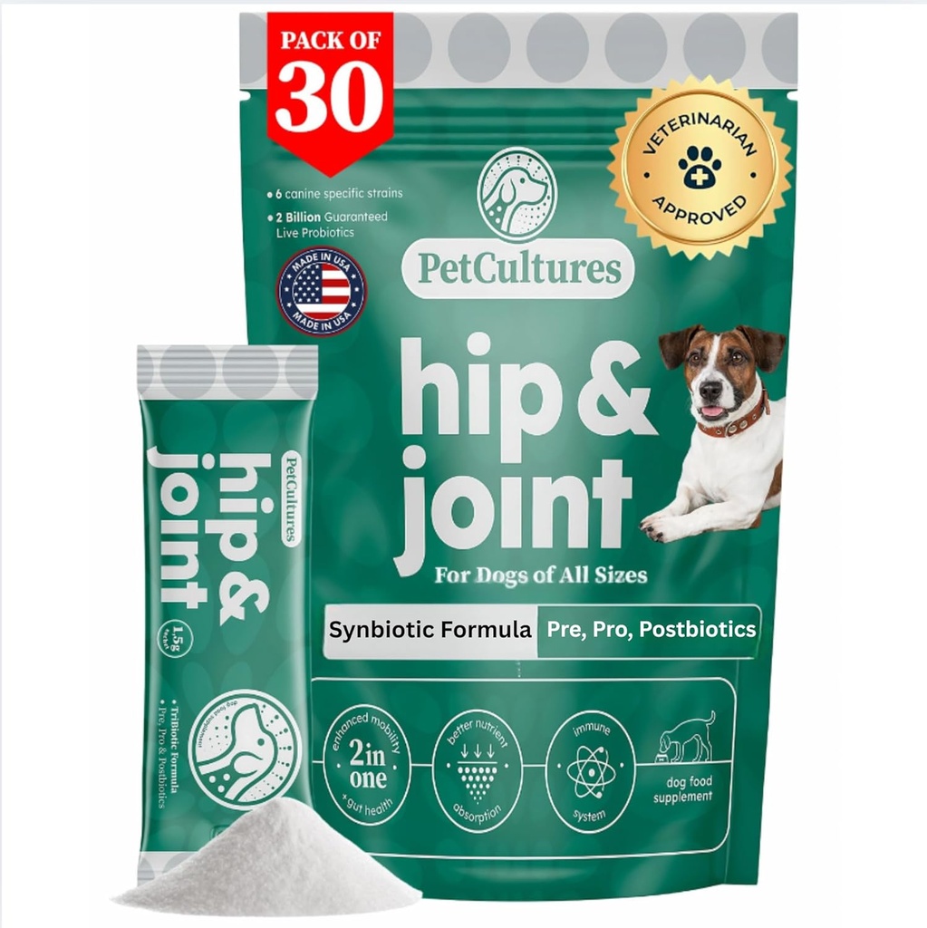 PetCultures Hip & Joint TriBiotic Powder, un integratore alimentare per la mobilità dei cani con probiotici, prebiotici e postbiotici Plus Glucosamine & Chondroitin - Made in USA