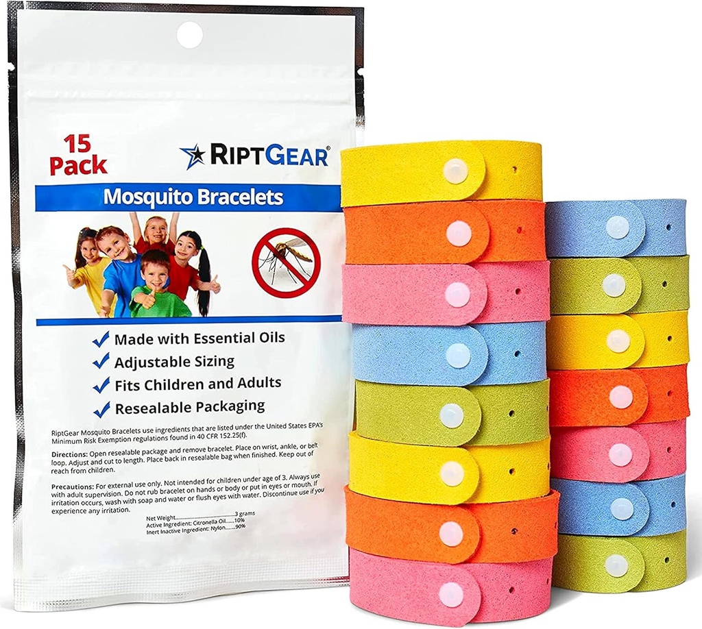 Braccialetti RiptGear Mosquito - 15 Confezione di Bracciali Mosquito per Bambini e Adulti, Bracciale insetto, Citronella Wristband - DEET Borse Mosquito gratuite, Accessori da campeggio