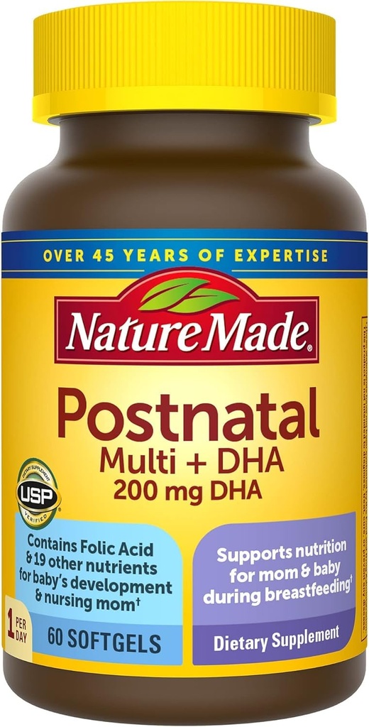 Natura fatta Multivitamina Postnatale + DHA 200 mg, 60 Softgels, per sostenere infermieristica mamme e bambini durante l'allattamento, vitamine e nutrienti postnatali includono ferro, vitamina D3, calcio, iodio