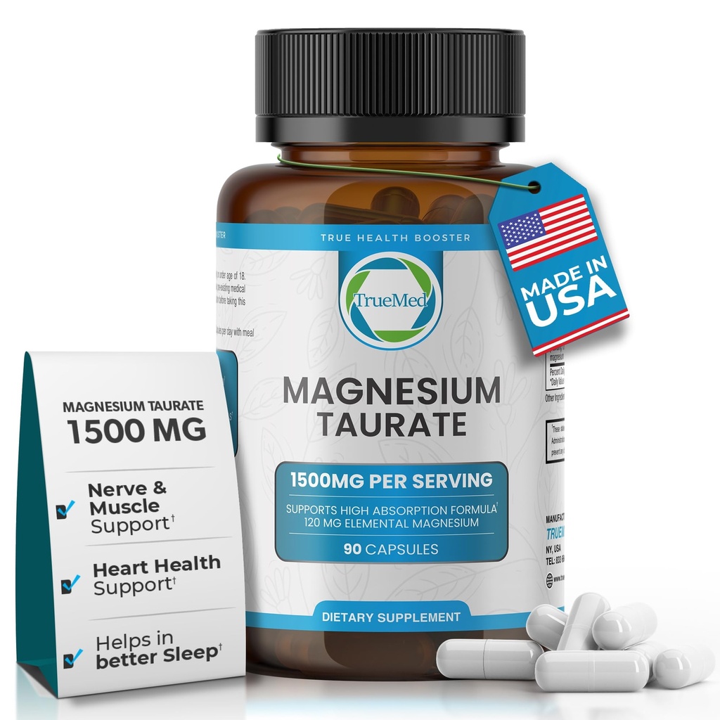 Magnesio naturale Taurate Supplemento 1500 mg con 90 capsule - 30 giorni di alimentazione per il sostegno al sonno, salute del cuore, rilassamento, bilanciamento della pressione sanguigna e aumento di energia