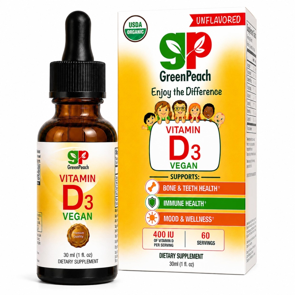 GreenPeach Liquid Vegan Organic Vitamin D 400 a 1600 IU - D3 Gocce per Toddler, Bambini, Baby & Infants, Vitamina D Gocce di bambino, Naturale, 60 Serve