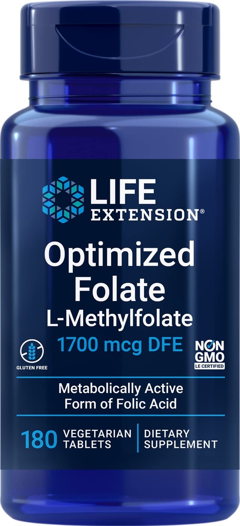 Estensione della vita Folato ottimizzato (L-metilfolato) 1700 mcg DFE, 180 compresse di Veg