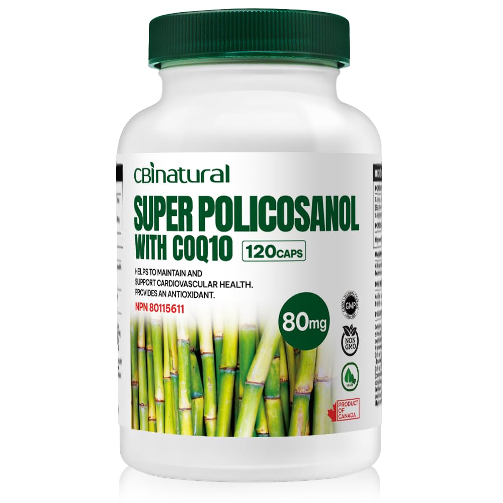 Super Sugarcane Policosanol 80 mg con CoQ10 30 mg, 120 capsule vegetali, supporto cardiaco e colesterolo, 4 mesi di alimentazione, non OGM, senza glutine