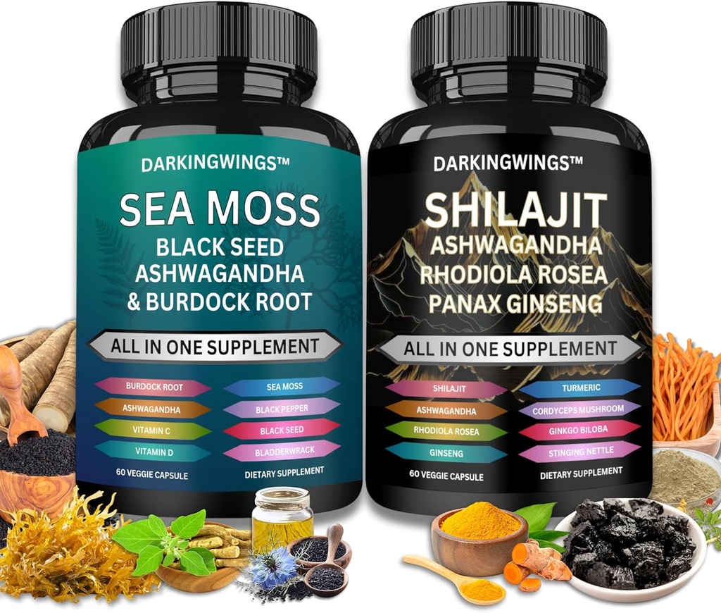 Shilajit and sea moss combo -Sea Moss 3000mg, Black Seed Oil 2000mg, Ashwagandha 2000mg, Shilajit 9000mg, Rhodiola Rosea1000mg,Panax Ginseng1500mg | moss mare e shilajit bundle, tutto in un supplemento