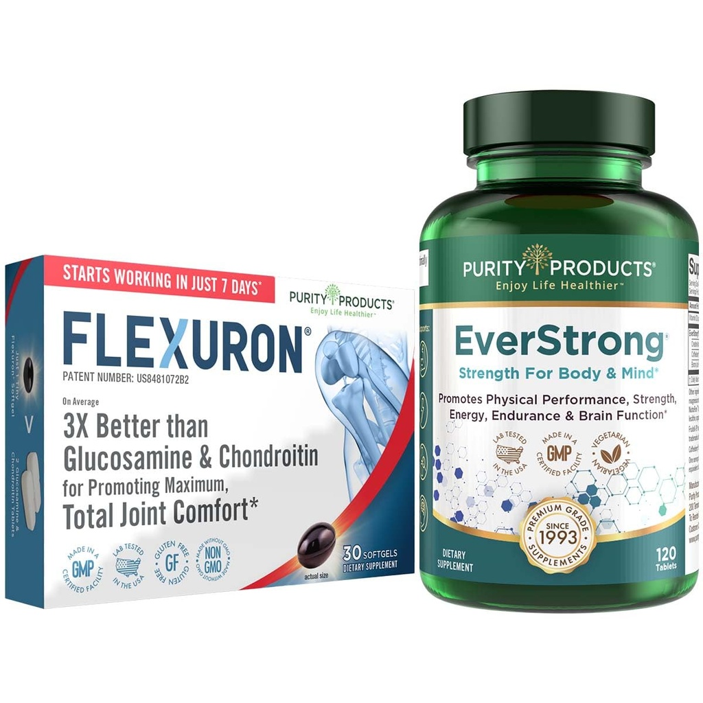 Prodotti di purezza Bundle - Flexuron Joint Formula + EverStrong Tablets - Flexuron - Krill Oil, Acido ialuronico + Astaxantina - EverStrong- Muscle Matrix Blend w/Creatine, Estratto di frutta del caffè + di più