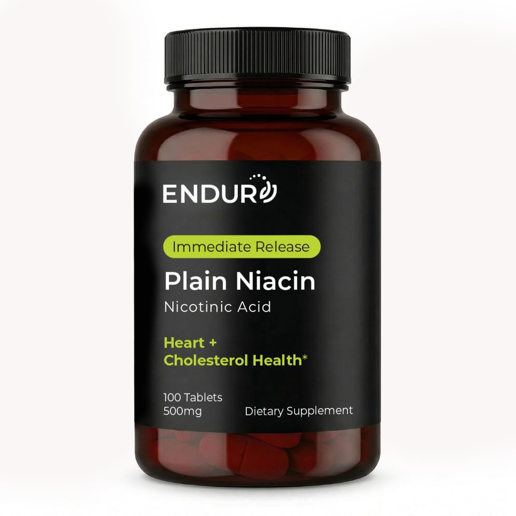 Niacina di pianura di Endur (acido nicotinico), salute del cuore e supplemento di equilibrio di colesterolo sano, formula di rilascio immediato, senza glutine, 500mg (100 compresse)