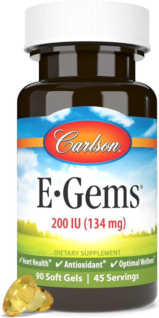 Carlson E-Gems 200 IU (134 mg), Vitamina E naturale, Benessere ottimale, 90 Gel Morbido