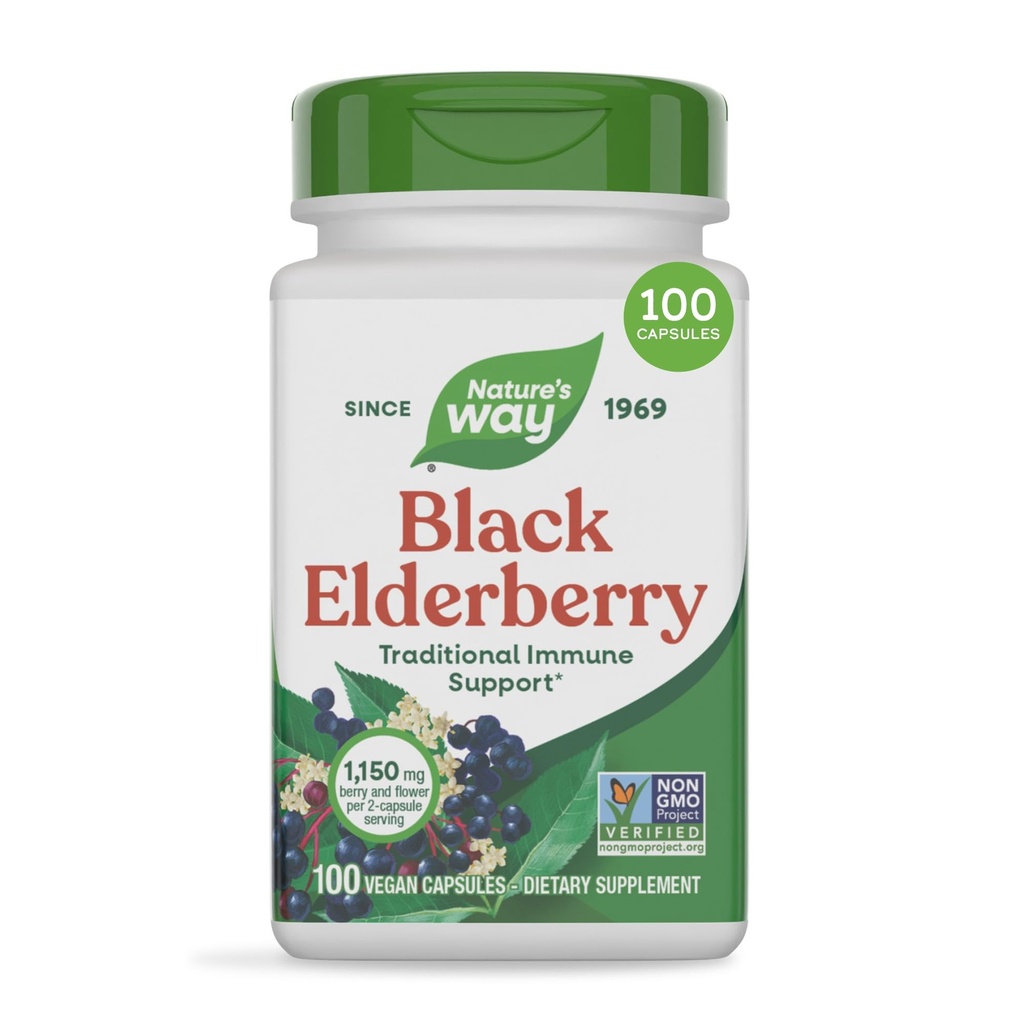 Capsule di sambuco nero di modo della natura, Supporto Immune Tradizionale* Supplemento con Elderberry e Elderflower, Pianta Powered, 100 capsule (Packaging May Vary)