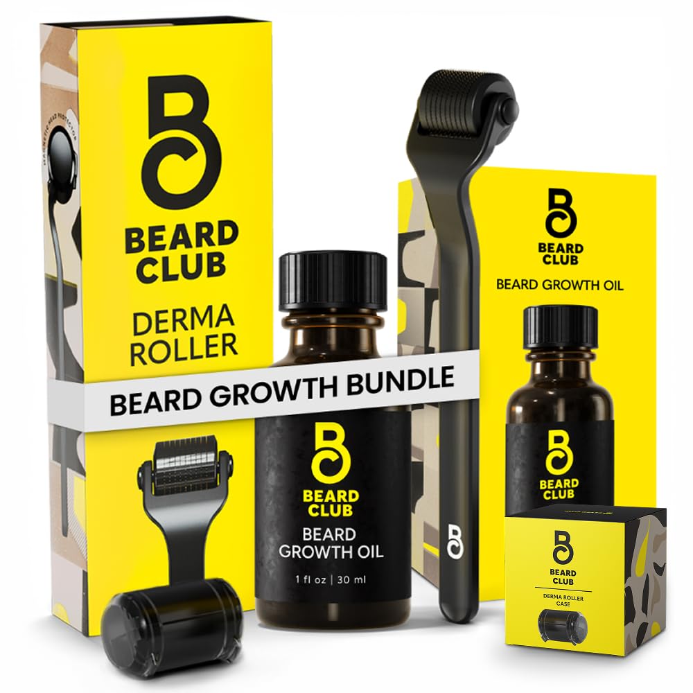 Beard Club Premium Derma Roller & Beard Growth Oil - Rullo Microneedling con 540 Microneeds in titanio per viso, corpo e scala - Rullo cuscinetto con olio di Cuscinetto &amp; Cedro