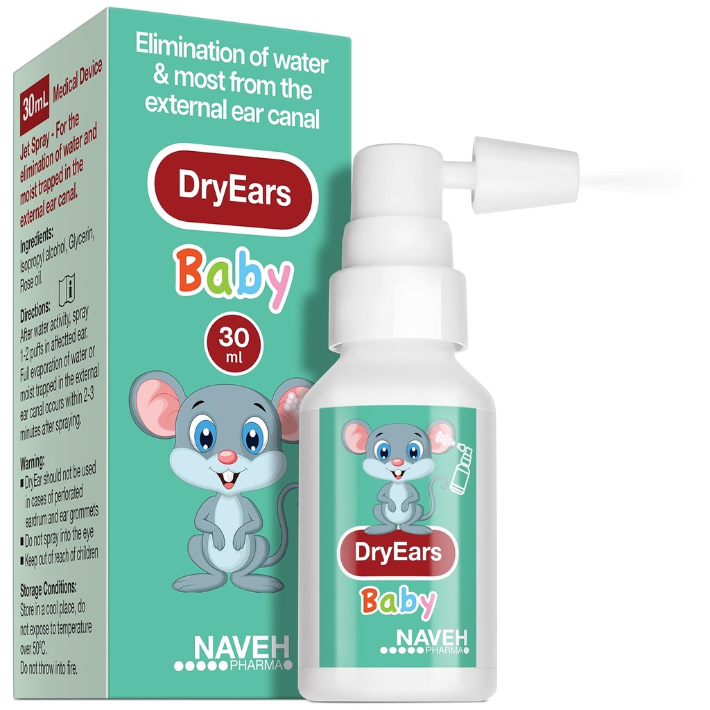 NAVEH PHARMA® Dry Ears Baby | Swimmers Ear Drops Spray | Gocce di essiccazione per piccoli nuotatori | Rimuovere l'acqua intrappolata nelle orecchie in secondi | Prevenire la perdita dell'udito (1 Fl Oz)
