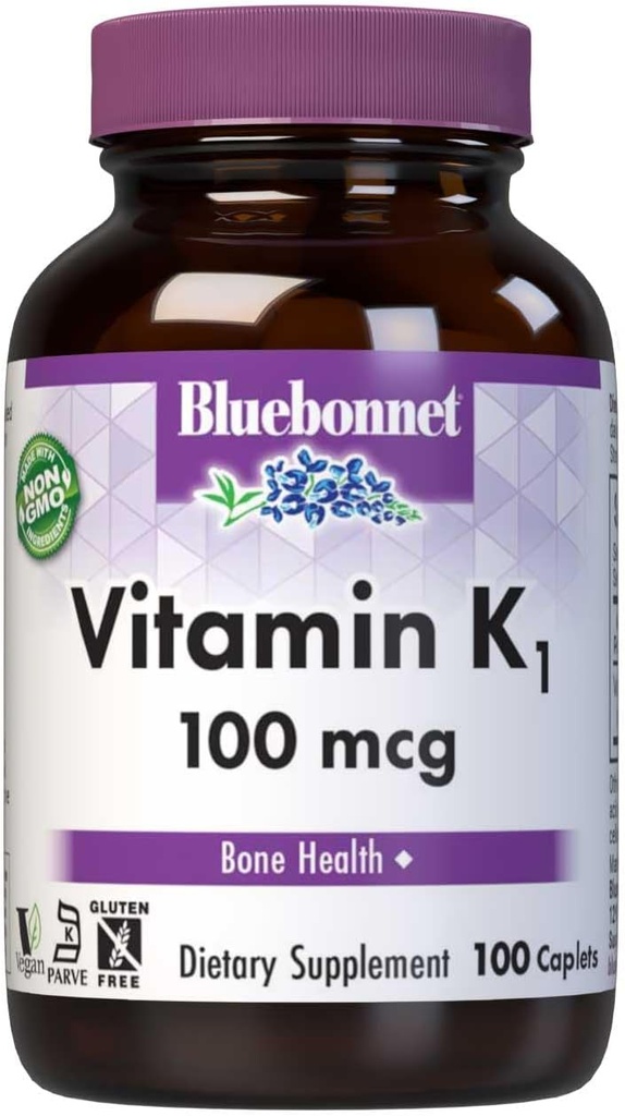 Bluebonnet Vitamin K1 100 mcg Supporta la salute del chiodo - Phylloquinone Cristallina Vitamina K Supplemento - Non OGM, Kosher Certificato, senza glutine, senza latticini - 100 Vegan Caplets