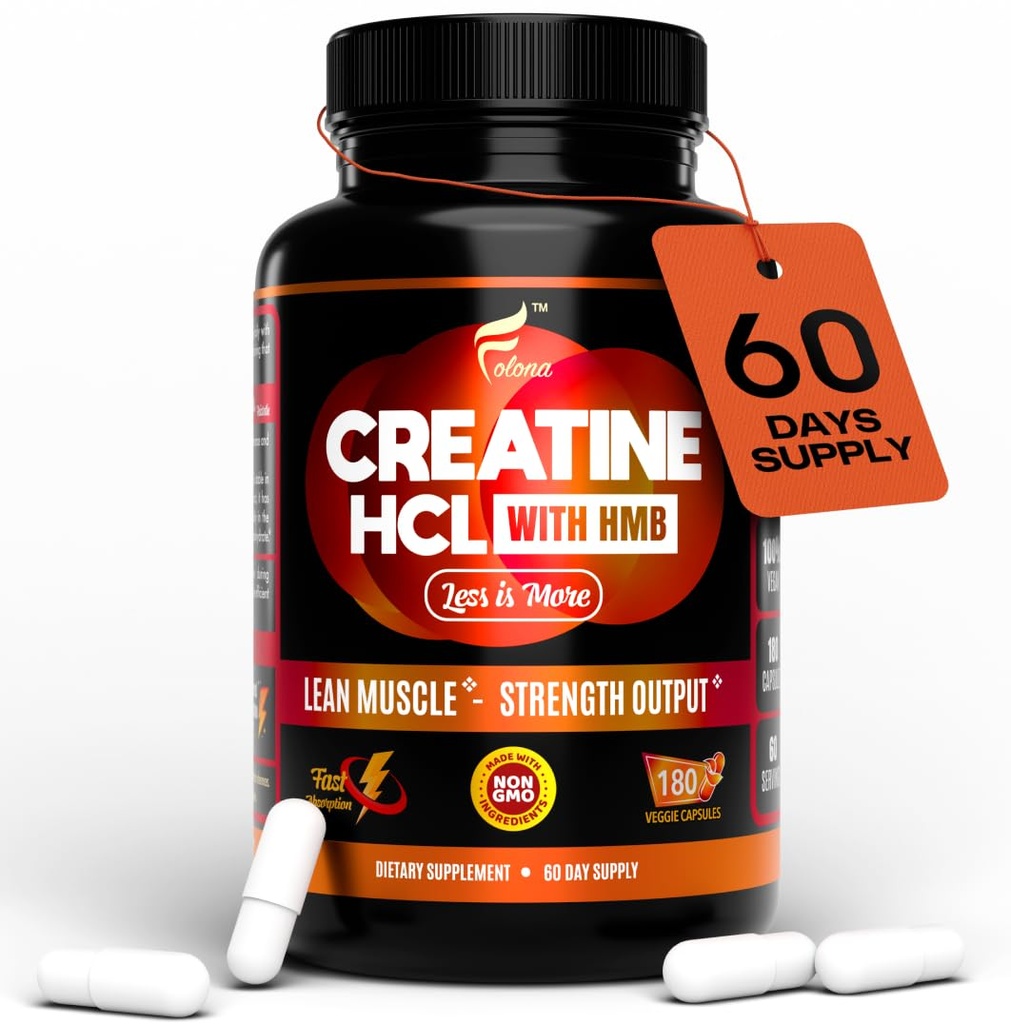 Creatina HCL capsule con HMB - Supplemento di allenamento per uomini e donne, Muscle Builder, Endurance, Forza, Superiore a Monoidrato: istantaneo per Max Absorption, No Load, No Bloat, 180 capsule vegane