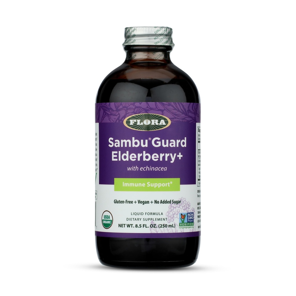 Flora Organic Black Elderberry Syrup + 8.5oz - Booster immunitario con Echinacea, per bambini e adulti, Non Aggiunto Zucchero, Senza glutine, Vegan, SambuGuard