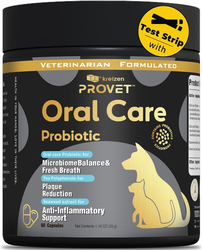 Probiotico orale per cani – Supplemento avanzato per la salute dentale con probiotici, Estratto di tè verde alghe marine – Supporta la salute della gomma, riduce il respiro cattivo e la placca – 60 capsule e 2 strisce di prova parodontale
