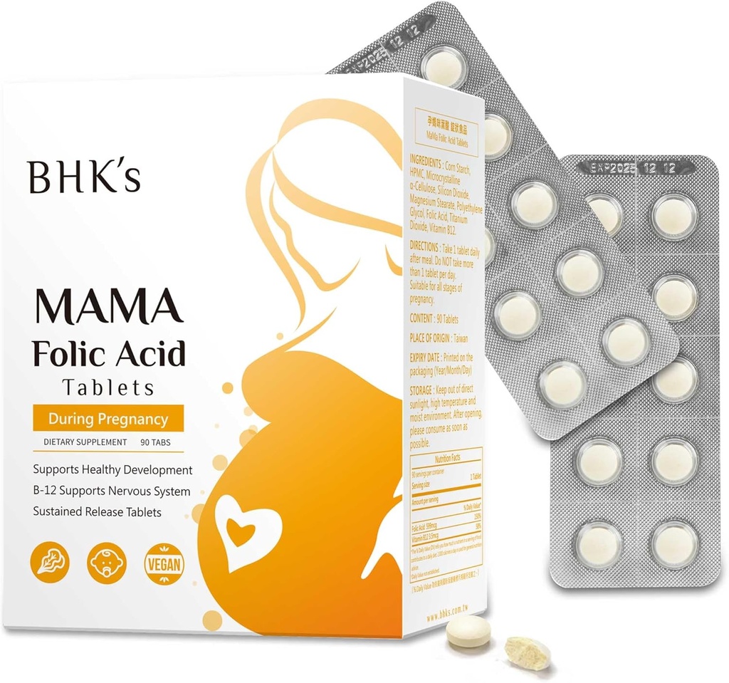 Acido Folico di BHK, Prima durante la gravidanza, Sostenere lo sviluppo del sistema nervoso del bambino, vitamine essenziali per la mamma e il bambino, 90 compresse