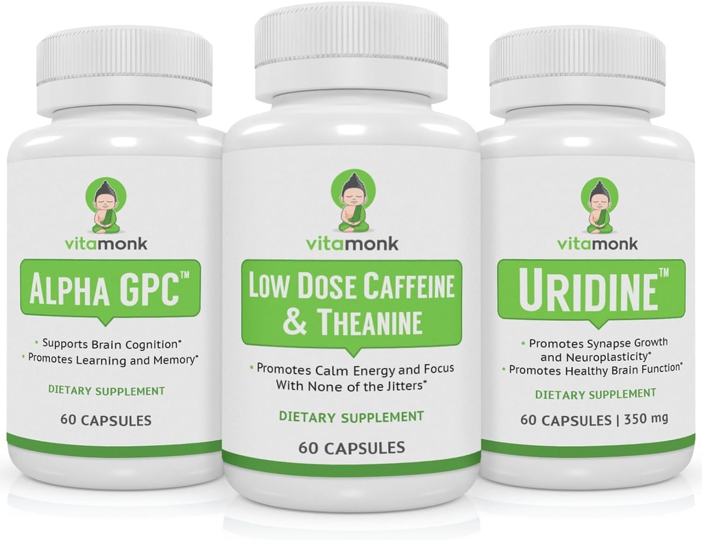 VitaMonk Brain Boost Bundle - Alpha GPC, Uridine e Bassa Dose Caffeina + L-Theanine Duo