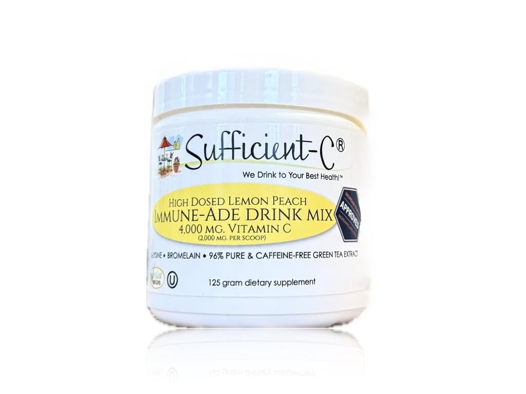 Sufficiente-C ad alta dose non OGM vitamina C Lemon Peach Immune-Ade Drink Mix, Conveniente 125 Gram Size w/L-lysine, Bromelain & a Premium 96% puro tè verde estratto - Stomach Friendly, Adrenal Supportive