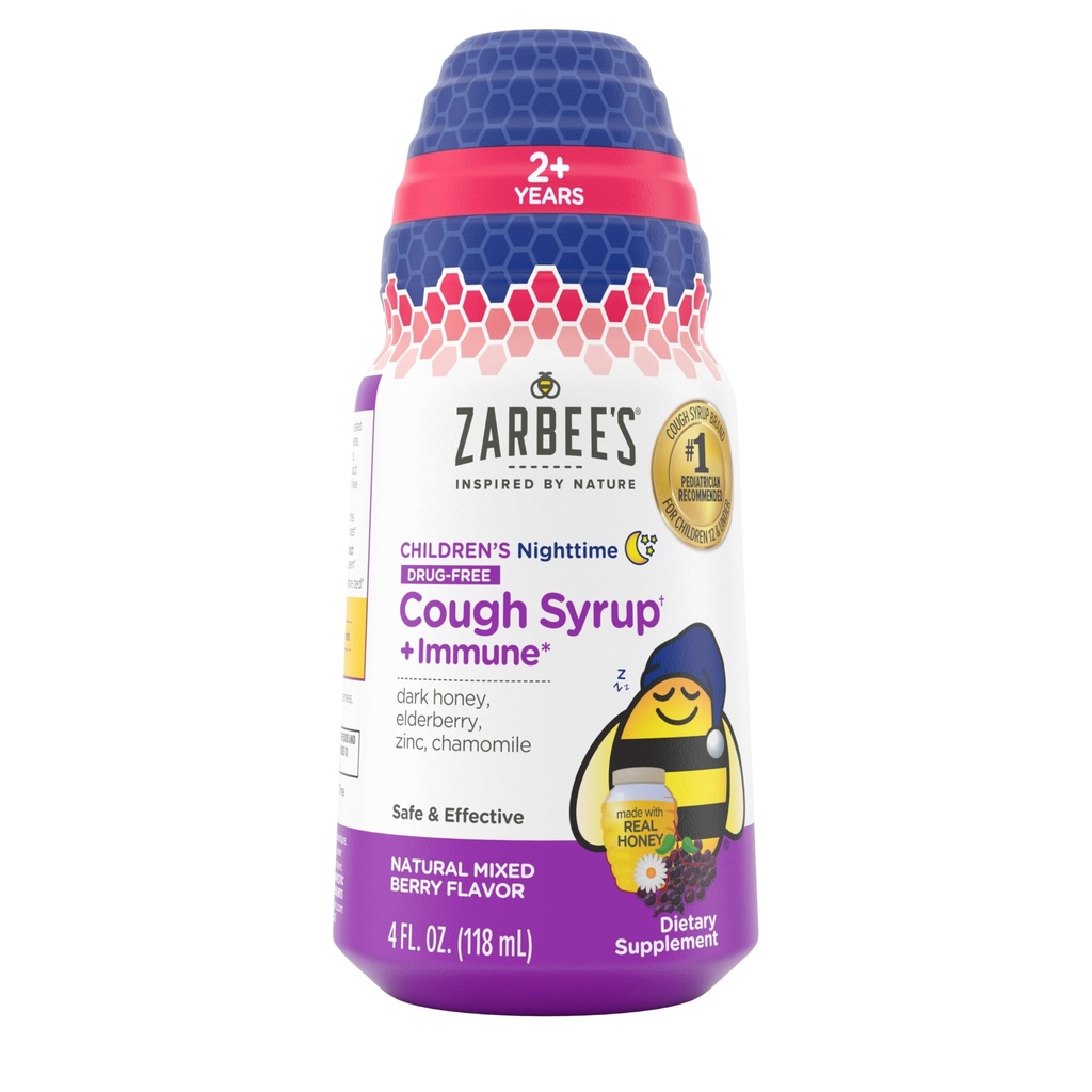 Zarbee's Children's Nighttime Honey Cough Syrup + Immune for Kids 2+, Cough Syrup with Soothing Dark Honey, Real Elderberry, Vitamina D & Zinc, & Chamomile, Drug-Free, Mixed Berry, 4 fl. oz
