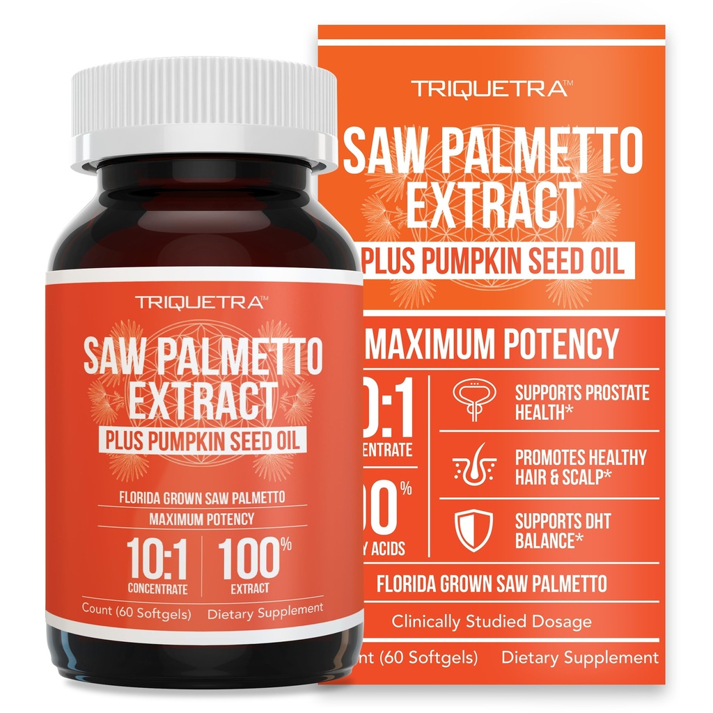 Saw Palmetto Extract – 10X Potency, Pharmaceutical Grade Strength - Plus Pumpkin Seed Oil - Supporta la salute della prostata, Allevia problemi di urinazione, Supporta la crescita dei capelli, DHT Blocker – 60 Softgels