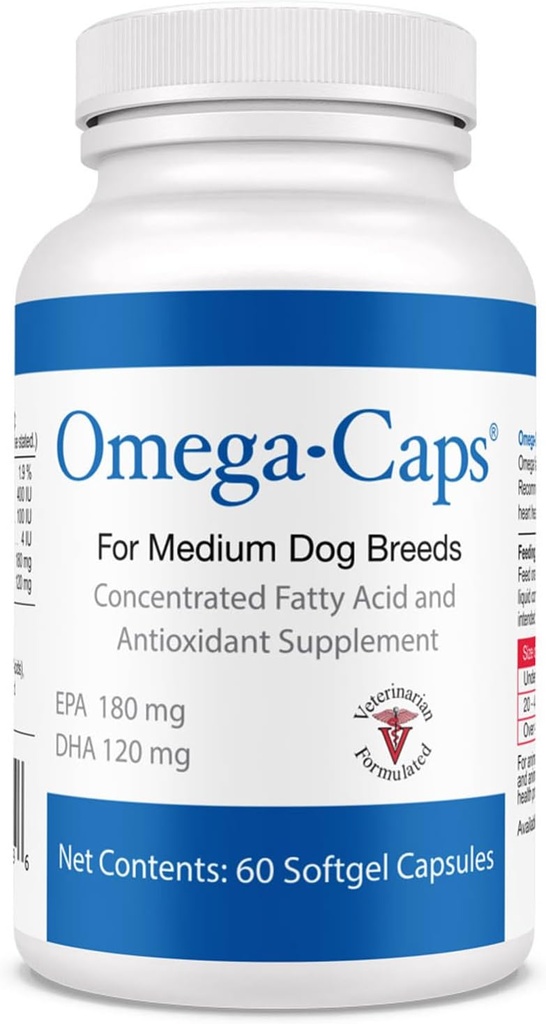 Omega-Caps for Medium Dog Breeds - Omega 3, Vitamine, Minerali, Antiossidanti - Supporto Sistema immunitario, Giunti, Cuore e Cervello - 60 capsule Softgel