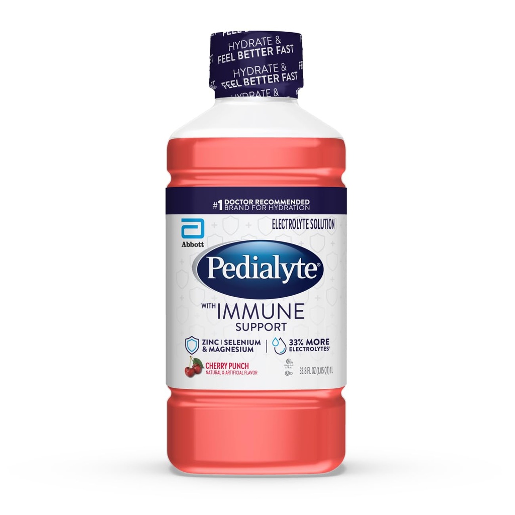 Pedialyte con soluzione elettrolita di supporto immunitario, bevanda di idratazione con zinco, selenio e magnesio, Punch di ciliegia, 1 litro