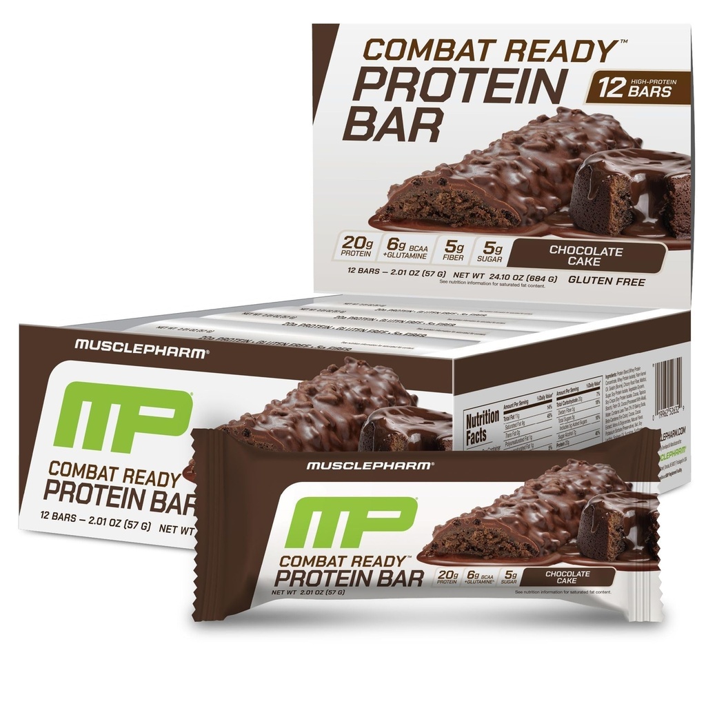MusclePharm Combat Sport Bar, Chocolate Cake Flavor High Protein Bars, Combat Cravings, Fuel Performance & Meet Energy Demands, 20g Protein from Whey Protein, 5g Fiber, Gluten Free, 12 Bar