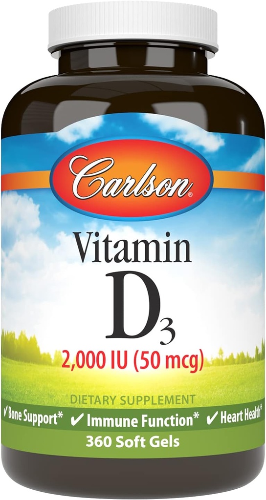 Carlson - Vitamina D3, 2000 IU (50 mcg), Bone Salute, Muscolo Salute, Cholecalciferol, Integratori di vitamina D, Vitamina D3 Soft Gel, 360 Softgels