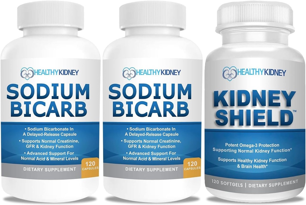 Sodio Bicarbonato 650mg Capsule per Rilievo Acido, Alkalinity 120 Pills 2-Pack + Kidney Shield 120 Caps Supplemento renale per supportare la funzione normale del rene