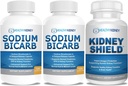 Sodio Bicarbonato 650mg Capsule per Rilievo Acido, Alkalinity 120 Pills 2-Pack + Kidney Shield 120 Caps Supplemento renale per supportare la funzione normale del rene