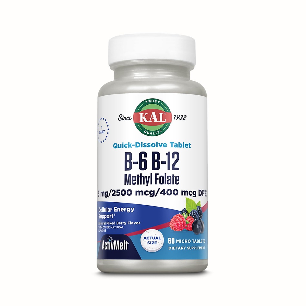 KAL Vitamina B-6 B-12 Methyl Folate ActivMelt, Supplemento di vitamina B, salute del cuore, energia e sangue rosso Supporto cellulare con Methyl B12 e DFE Folic Acid, Natural Berry Flavor, 60 Servings, 60 Micro Tabs