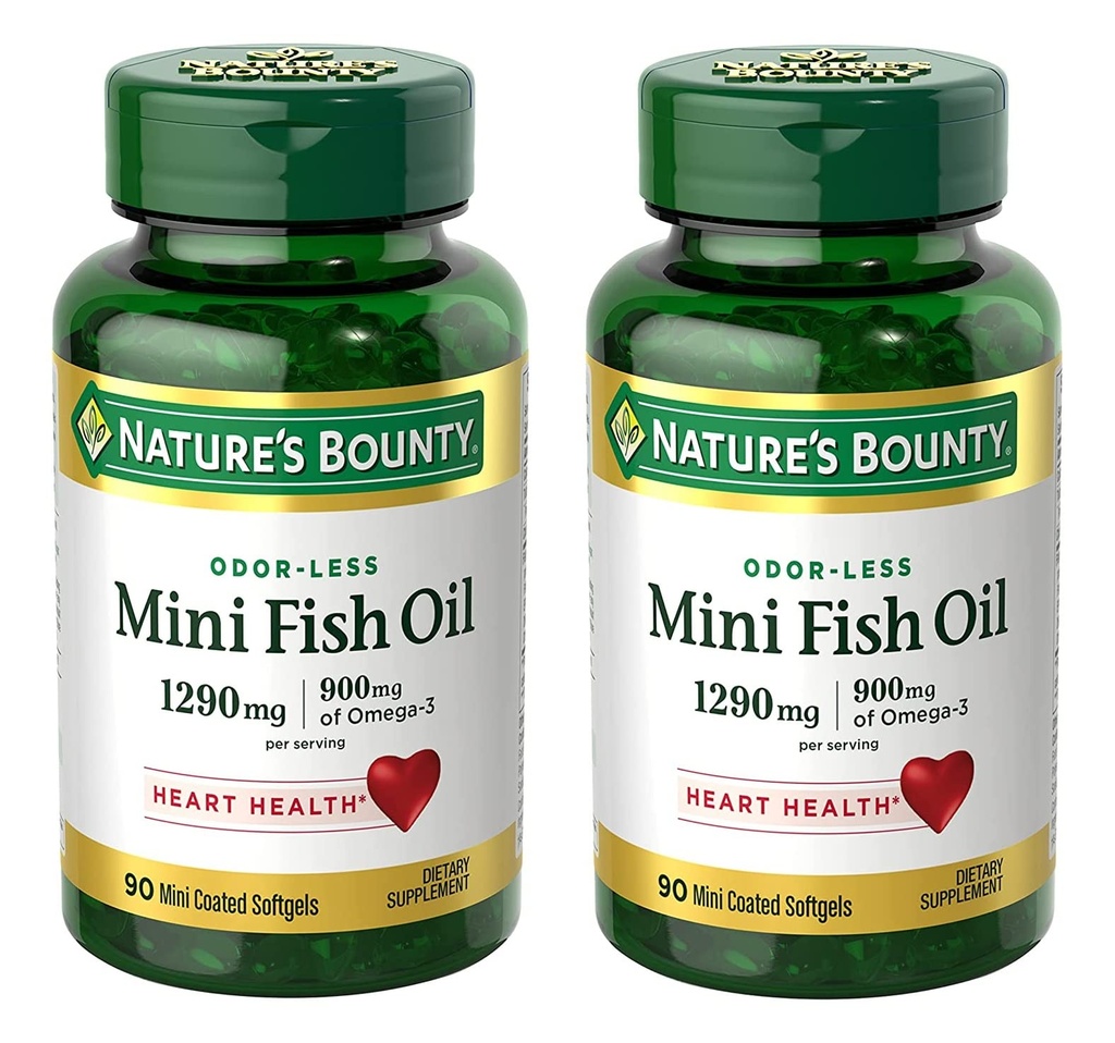 Mini Fish Oil Softgels 1290 mg, Omega-3, Supporta la salute del cuore, Odor-Less, 90 Mini Softgels rivestiti - Confezione di 2