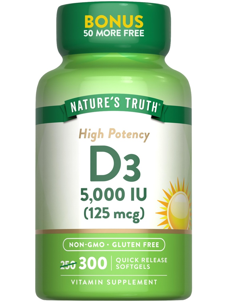 Vitamina di Verità della Natura D3 5000 IU (125 mcg) | 300 Softgels | Vitamina ad alta potenza D | Non OGM e Gluten Supplemento gratuito