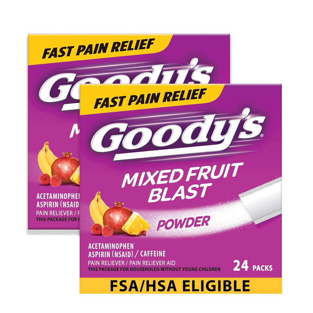 Polvere di mal di testa ad alta resistenza di Goody, pacchetti di di dissolvenza del sapore della lama di frutta mista, 24 confezioni individuali (2 pacchetto)