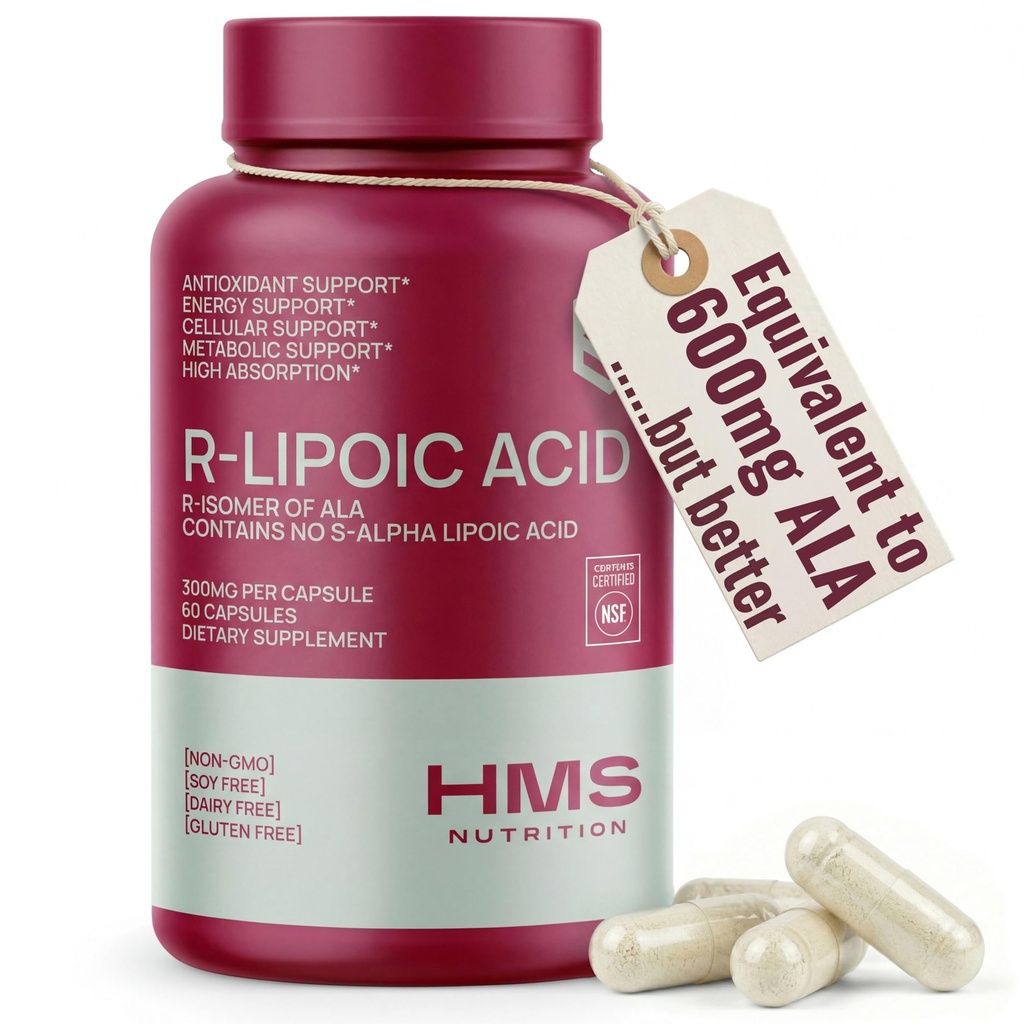Acido R-Lipoico Stabilizzato 300mg Per Serving, R Alpha Lipoic Acid ALA Supplemento Antiossidante per Nerve, Energy & Metabolism Support, NSF Certified Supplements, Non-GMO & Vegan, 60 capsule, 2 mesi di fornitura