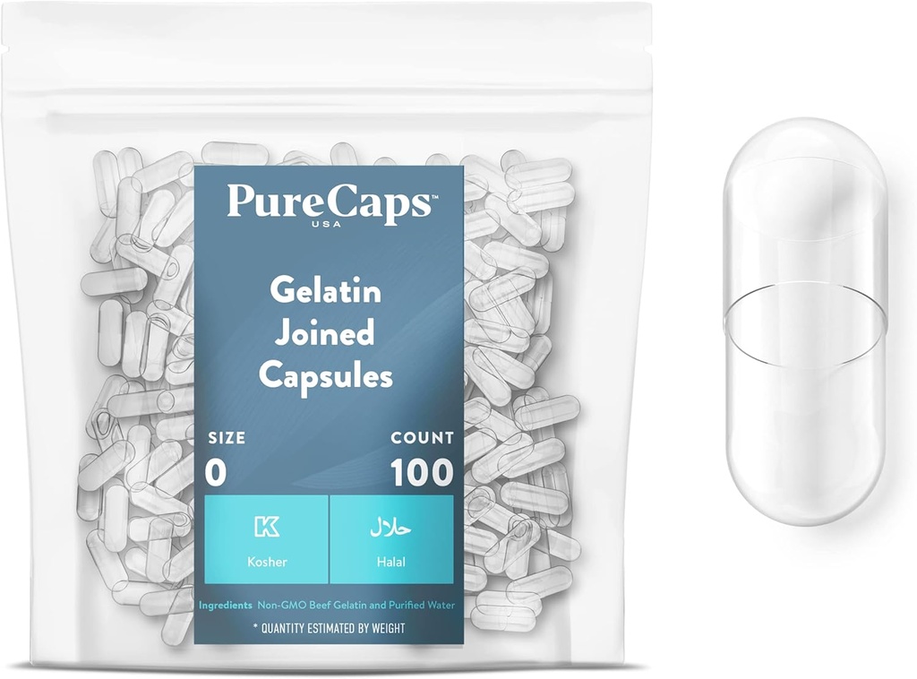 PureCapsUSA - Empty Gelatin Pill Capsules Size 0| 100 Pills Joined| Clear| Non-GMO Certified| SLS, Gluten, Preservative Free