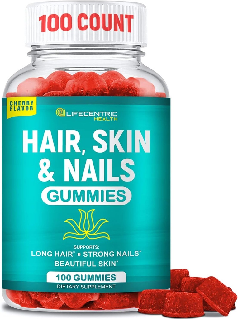Pelle per capelli e chiodi Gummies con alta potenza Biotina 5000mcg | Vitamine per capelli gustosi per le donne Uomini e bambini | Gluten Free Hair Nail and Skin Vitamins Plus Biotin Gummies per la crescita dei capelli