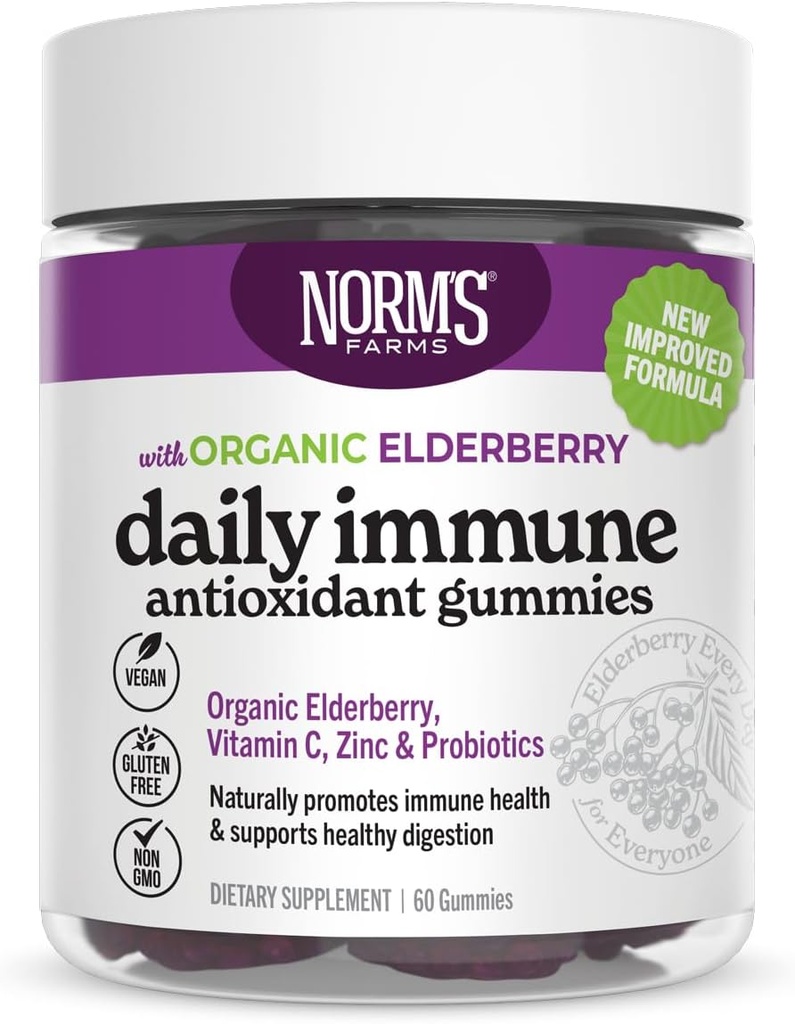 Norm's Farms Organic Elderberry Gummies - Supporto giornaliero per adulti e bambini con zinco, DE111 Probiotic, Vitamina C - Made in USA, 3rd Party Tested - Vegan, Gluten-Free, Kosher, Non-GMO, 60 Gummies