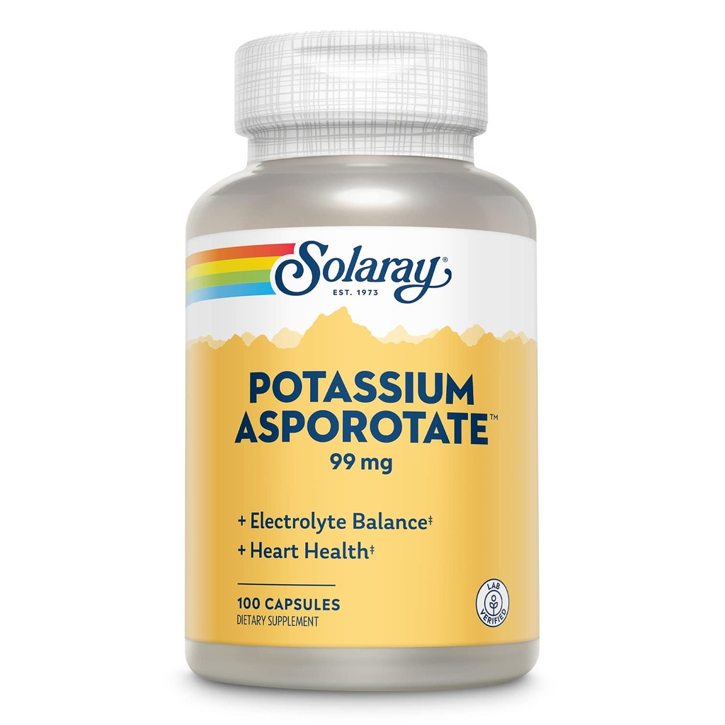 Solaray Potassium Asporotate Chelated Supplement, Electrolyte Balance & Heart Health Support, 100 Serve, 100 Capsule