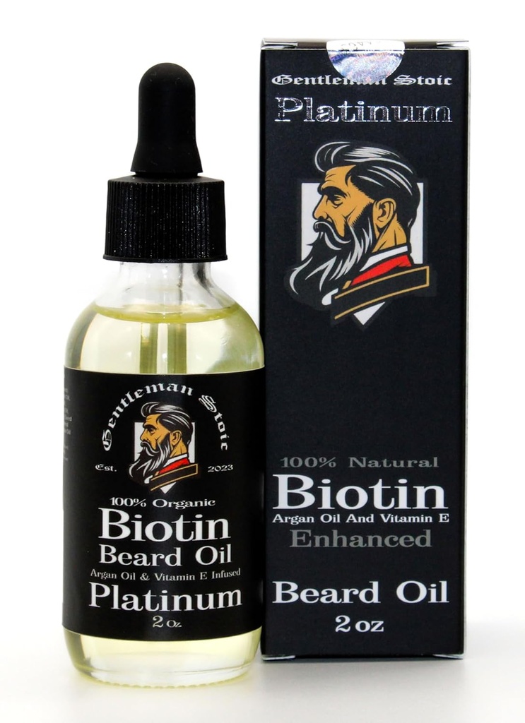 Olio di barba di platino per gli uomini – Biotina naturale ha aumentato l'olio di crescita del cuscinetto - Argan & Vitamina E – ammorbidisce e controlli – Olio di crescita del cuscinetto per gli uomini - profumo di Vaniglia speziato (2oz – Confezione di 1)