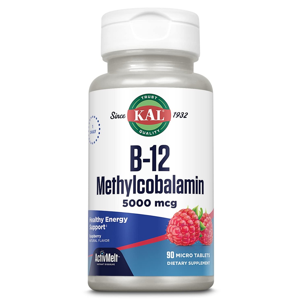 KAL Vitamina B12 Methylcobalamin 5000mcg, Energia sana, Metabolismo, Nerve & Red Blood Cell Support, * Fast Dissolve ActivMelts, Assorbimento ottimale, Natural Raspberry Flavor, 90 Servings, 90 Micro Tabs