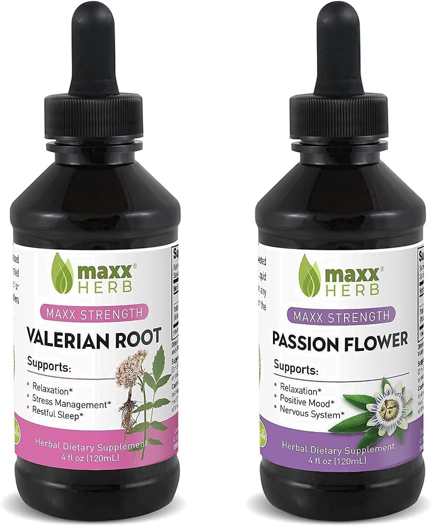 Meglio dormire Bundle - Maxx Herb Passion Flower Extract + Valerian Root Extract - per il relax e la gestione dello stress, Alcohol-Free - (1 Ogni) 4 Oz Bottiglia (60 Serve)