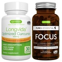 Longvida Lipidated Curcumin 500mg + Focus Brain Booster Vegan Bundle, Ultra Biodisponibile Curcumina + Caffeina, L-teanina, Taurina & L-Tyrosine, B-Vitamins, Zinc & Copper, di Igennus