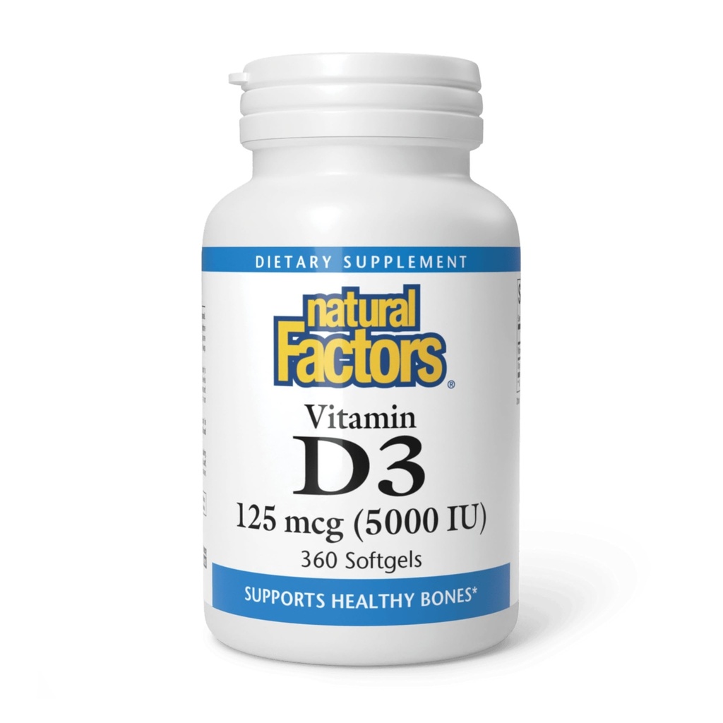 Fattori naturali, Vitamina D3 5000 IU (125 mcg), Supporta ossa forti, muscoli e funzione immunitaria, 360 Softgels
