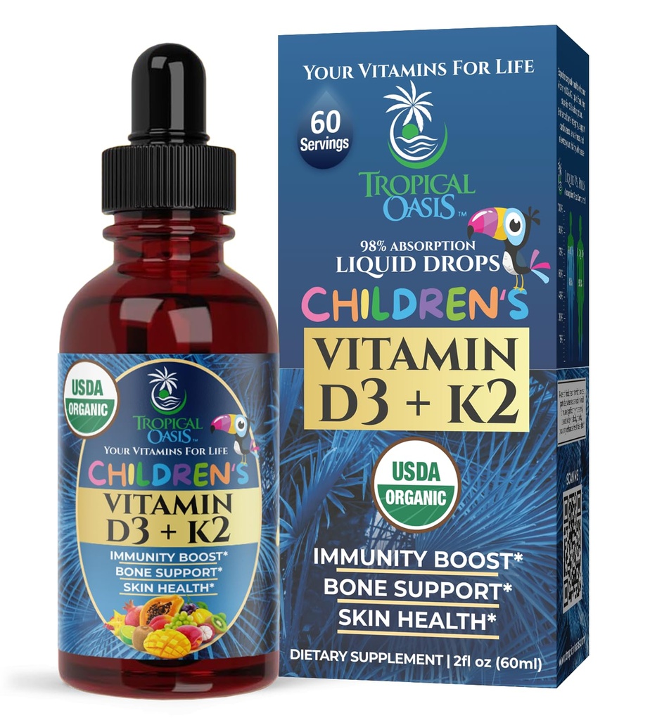 USDA Organic Vitamin D3 K2 Liquid Drops | Vitamina D3 K2 Supplemento per bambini e bambini Età 1+ | Supplemento per l'assorbimento del calcio Ossa forti | Vegan, Non OGM | 2 Fl Oz