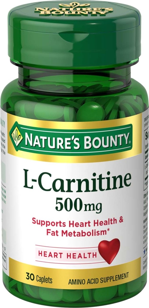 Natura Bounty L-carnitina, Supporta la salute del cuore e il metabolismo grasso, supplemento di aminoacido, 500 mg, 30 compresse