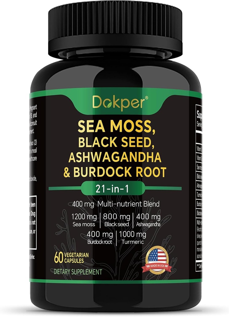 Moss di mare, Ashwagandha, Integratore di olio di semi neri, Vitamina C & D3 con radice di curcuma, Bladderwrack & Burdock, Supporto naturale di erbe per gli uomini e le donne 60 capsule, Integratori alimentari, Confezione da 1